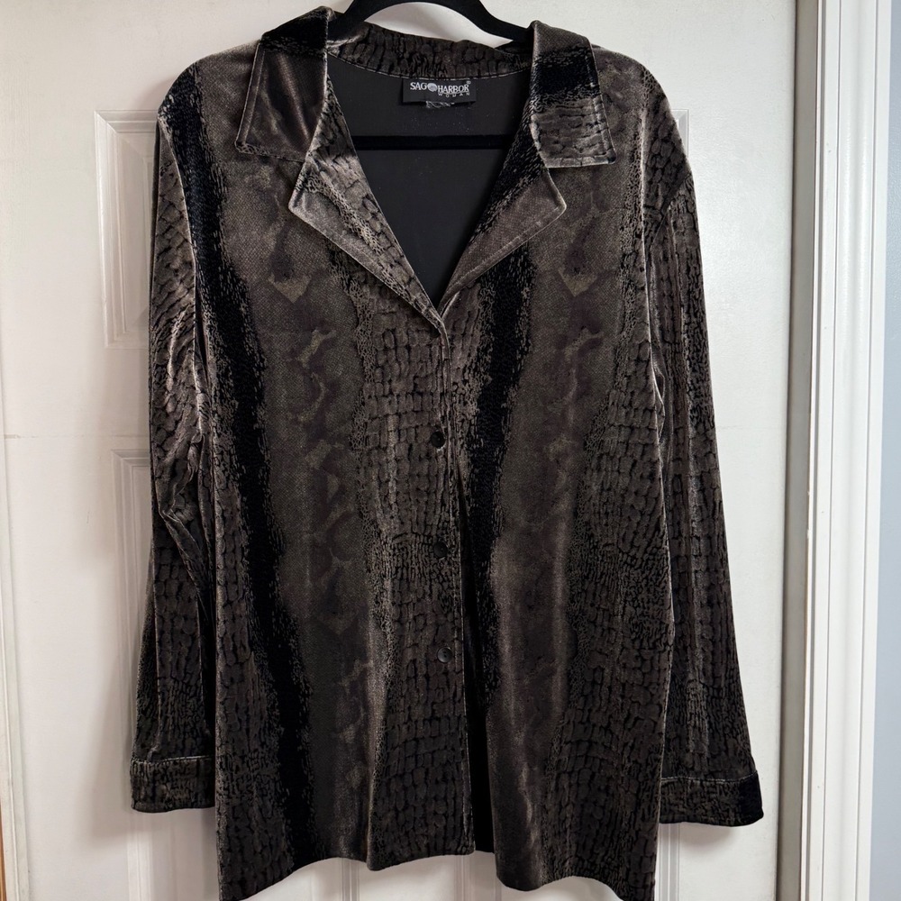 Vtg‎ 90s Sag Harbor Woman Velvet Snake Print Button Down Blouse Long Sleeve 1X